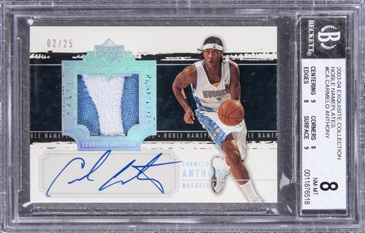 2003-04 UD "Exquisite Collection" Noble Nameplates #CA Carmelo Anthony Signed Patch Rookie Card (#02/25) – BGS NM-MT 8/BGS 10 